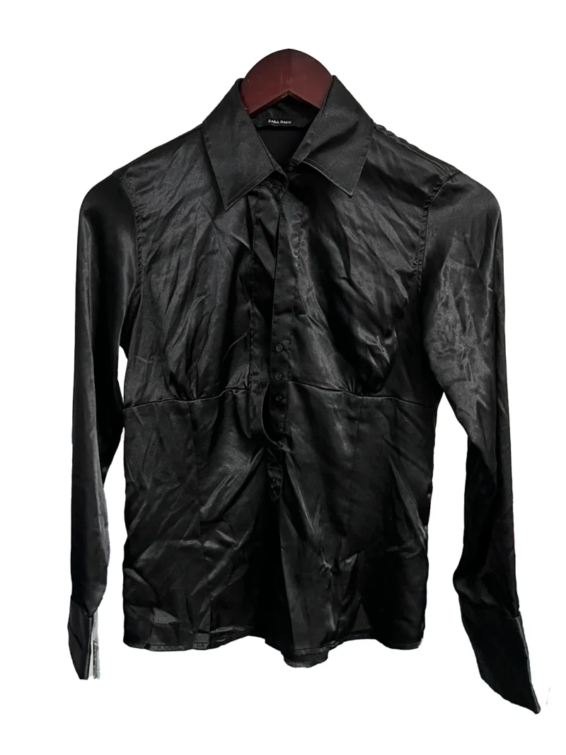 Blusa Negra Manga Larga Satin